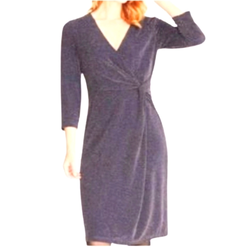 Chico's Travelers Blue and Black Faux Wrap Stretch Midi Dress Size 1 = M EUC